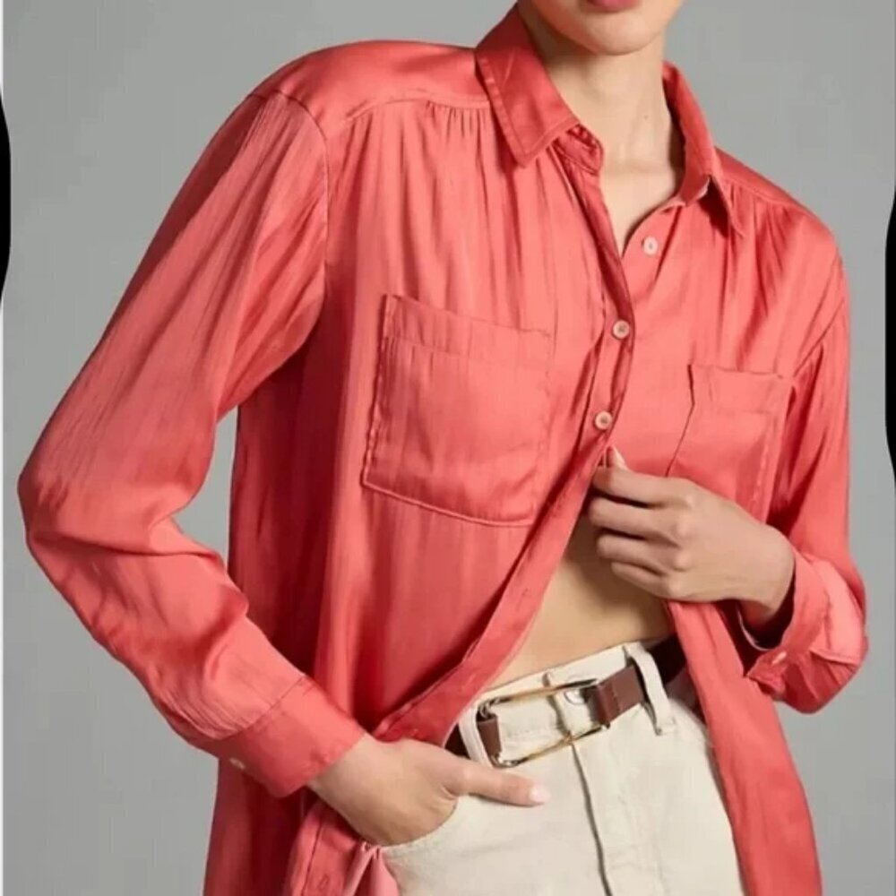 By Anthropologie Orange Pink Long Sleeve Button Down Shirt Size XS
